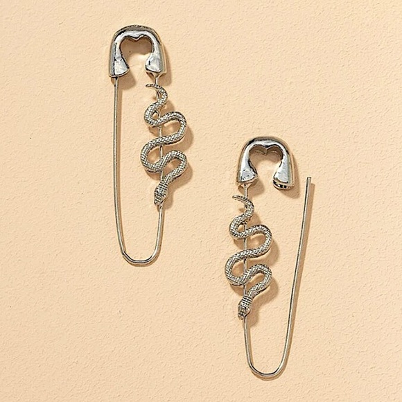 Gold Snake Safety Pin Minimalist Punk Hip Hop Earrings - Picture 3 of 4